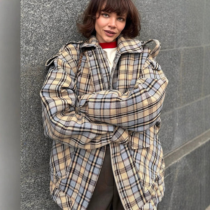 Women’s Oversized Check Coat in Boxy Cut with Zipper and Shoulder Flaps Mune Fashion