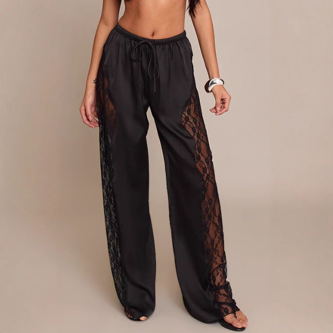 Women satin trousers with side lace inserts, wide leg and drawstring Mune Fashion