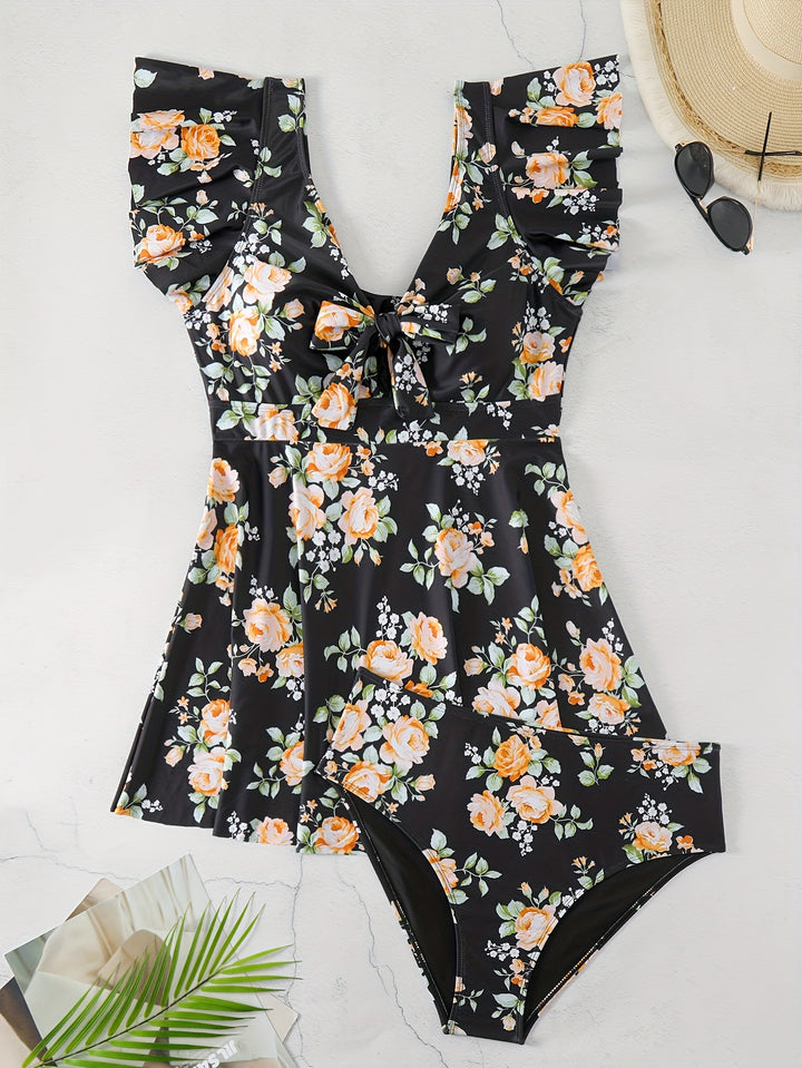 Women's One-Piece Swimsuit with Ruffle Details and Floral Design Mune Fashion