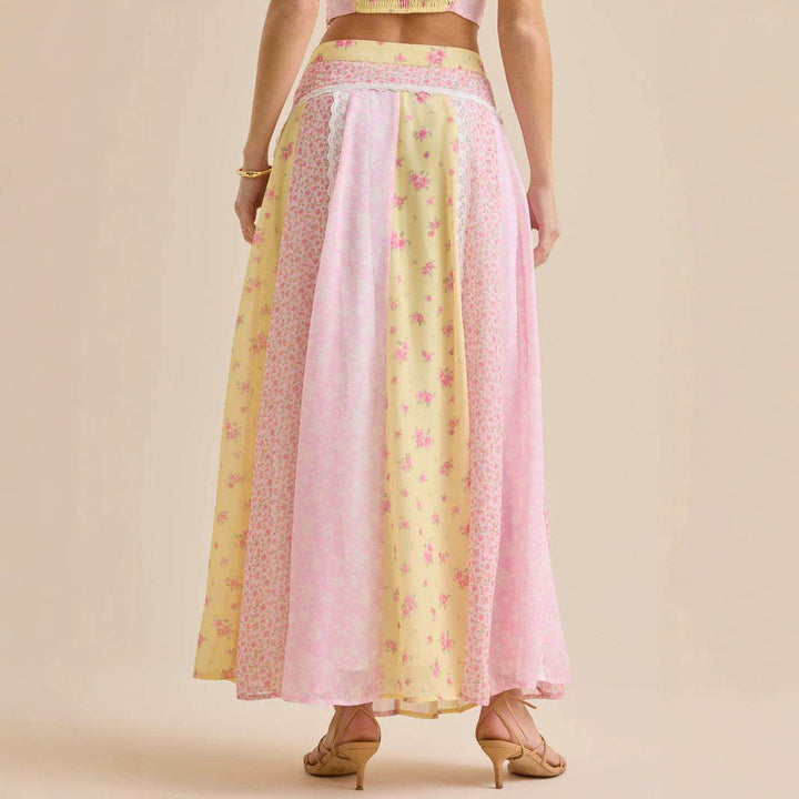 Women romantic crop top with spaghetti straps and tiered patchwork maxi skirt Mune Fashion