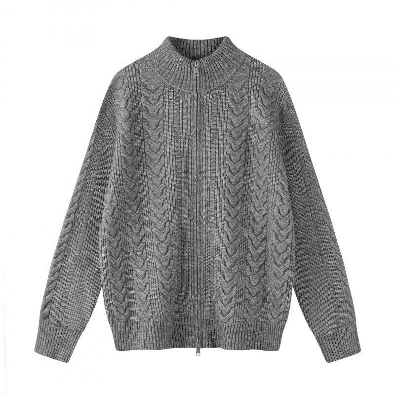 Women chunky knitted cable knit cardigan with full zip and standing collar Mune Fashion