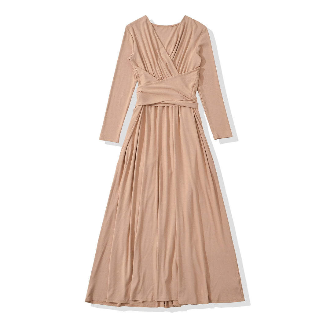 Women's Maxi Wrap Dress with Tailored Wrap Section and Long Sleeves Mune Fashion