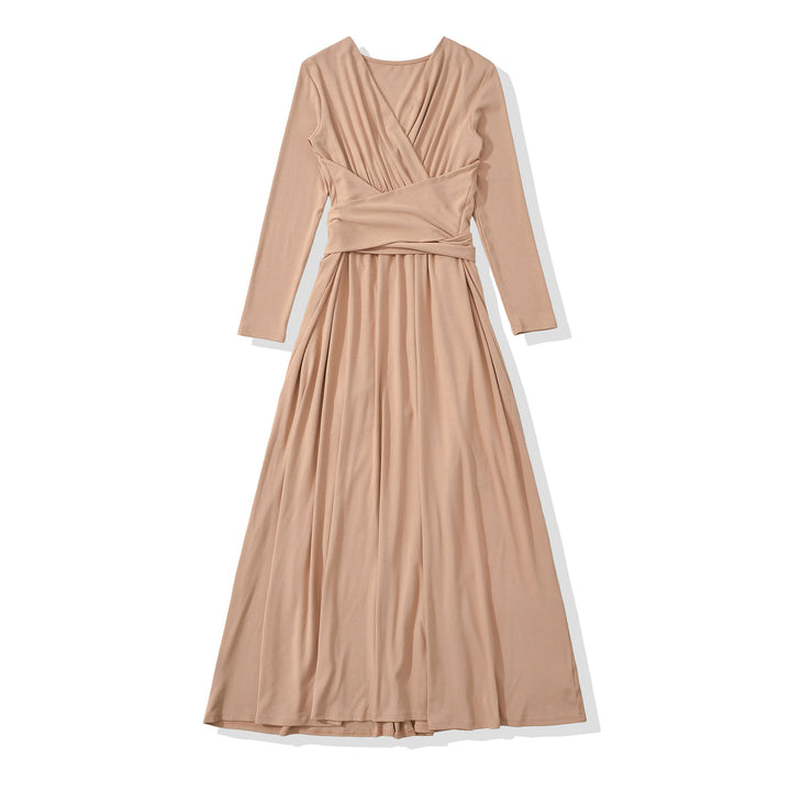 Women's Maxi Wrap Dress with Tailored Wrap Section and Long Sleeves Mune Fashion