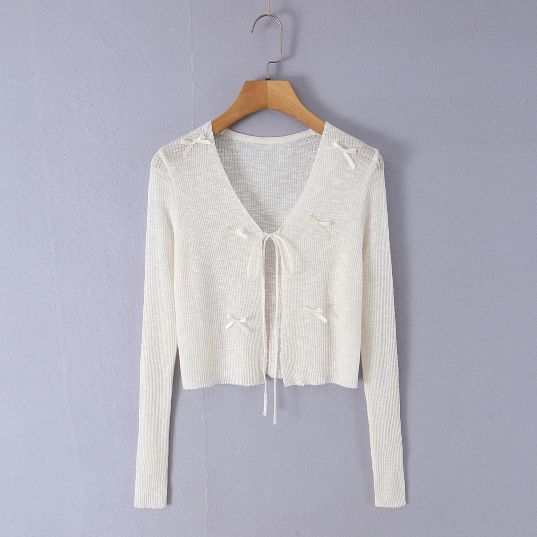 Women Cropped Fine Knit Cardigan with V-Neck, Tie Strap and Decorative Bows Mune Fashion