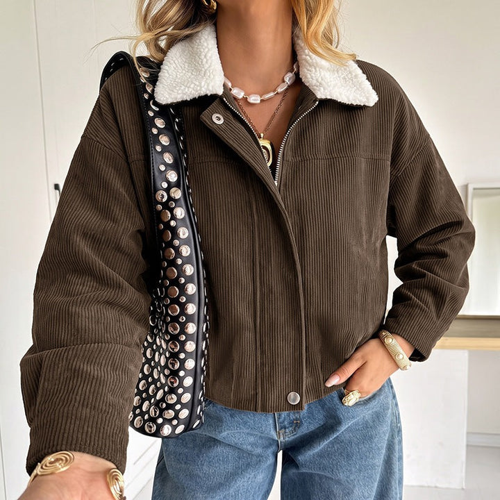 Women Short Cut Cord Jacket with Teddy Lining and Sheep Collar Mune Fashion