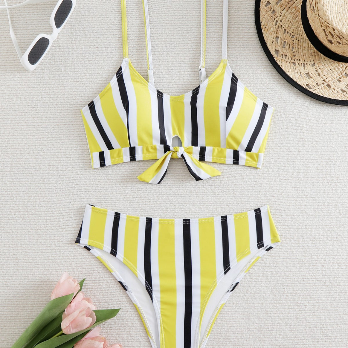 Ladies bikini set with fashionable knot and colorful striped pattern Mune Fashion