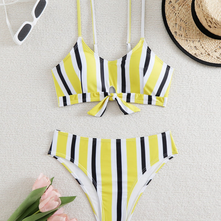 Ladies bikini set with fashionable knot and colorful striped pattern Mune Fashion