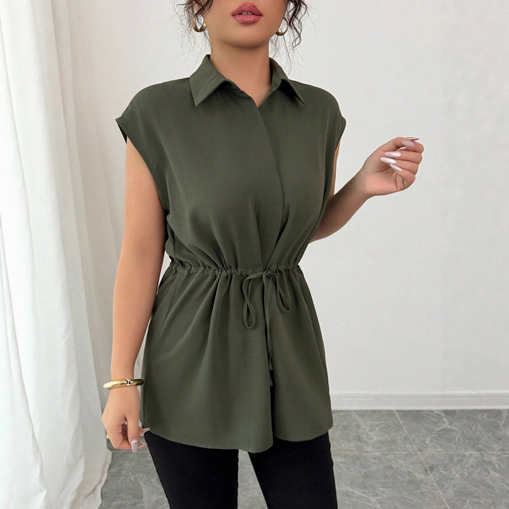 Women's Sleeveless Shirt Blouse Tunic with Drawstring Waistband Mune Fashion