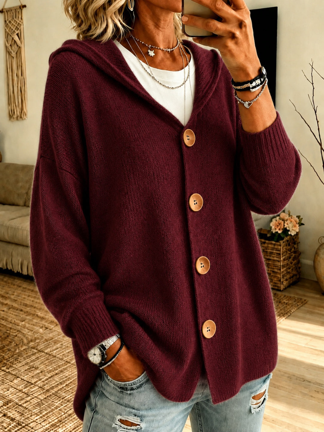 Women’s Oversize Hooded Cardigan with Wooden Buttons and Ribbed Cuffs Mune Fashion