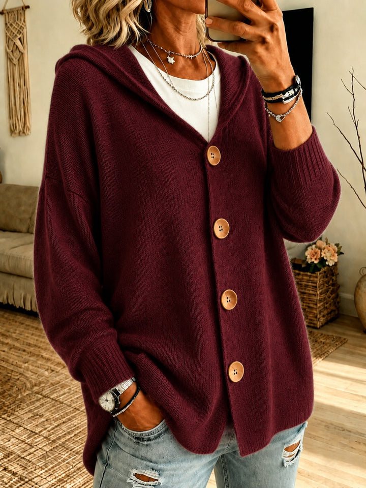 Women’s Oversize Hooded Cardigan with Wooden Buttons and Ribbed Cuffs Mune Fashion