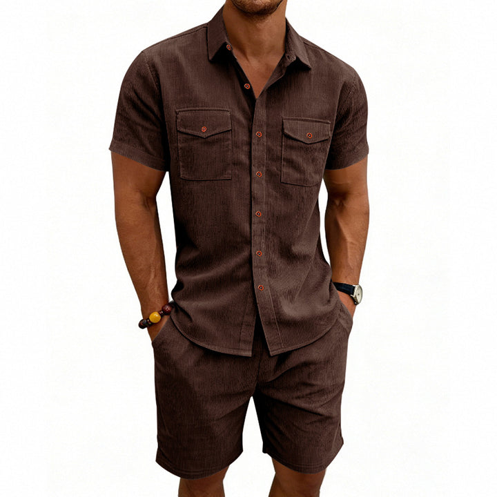 Men's structured cord leisure set with camp collar shirt and casual shorts Mune Fashion