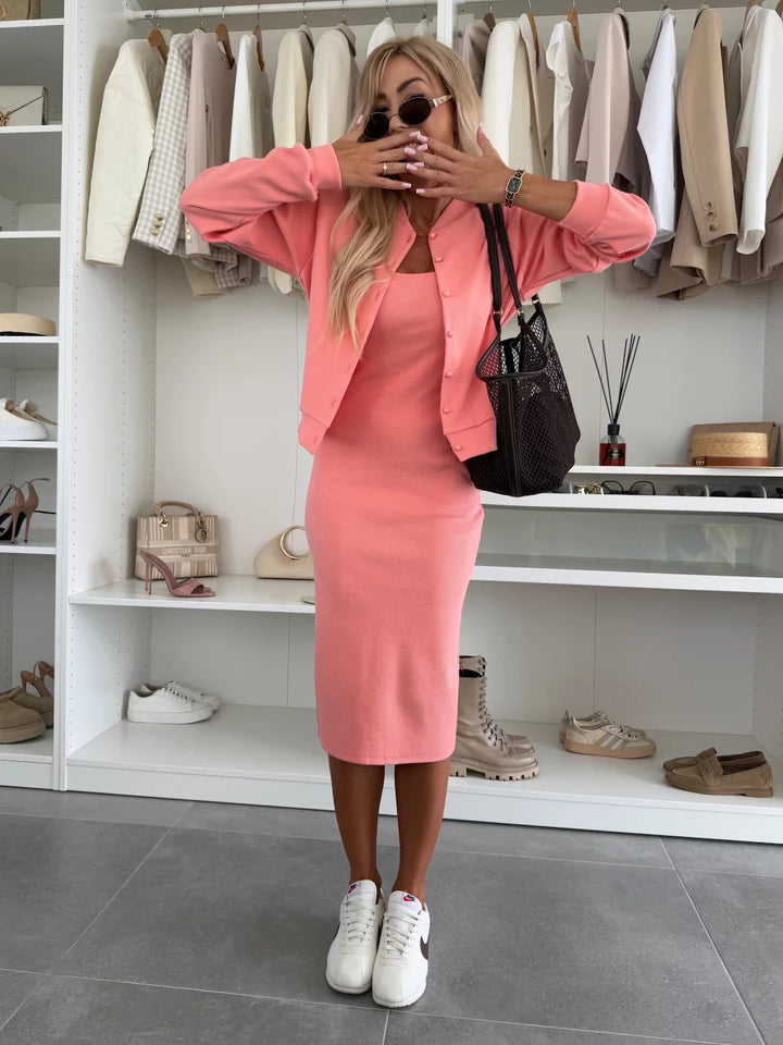 Women’s fitted knit midi dress with matching short jacket and round neckline Mune Fashion