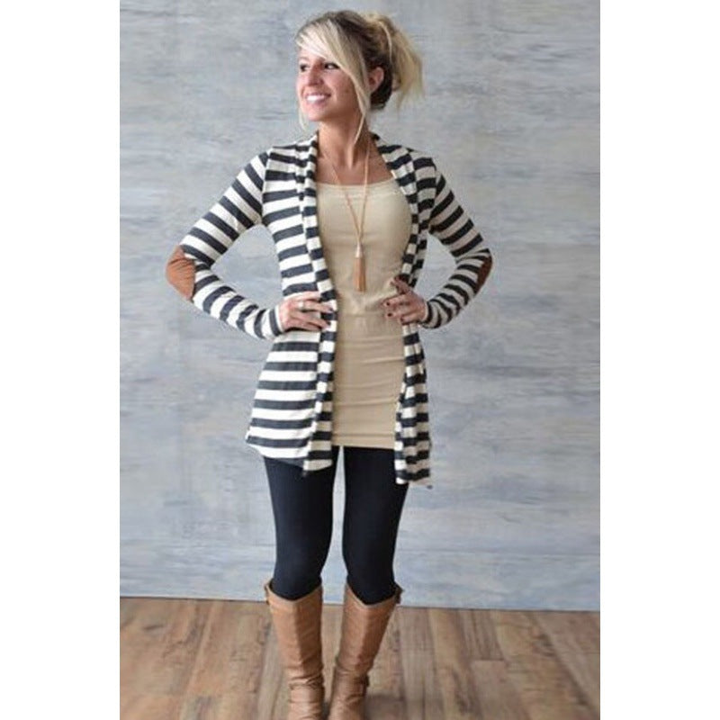 Women's Striped Long Cardigan with Open Waterfall Cut and Elbow Patches Mune Fashion