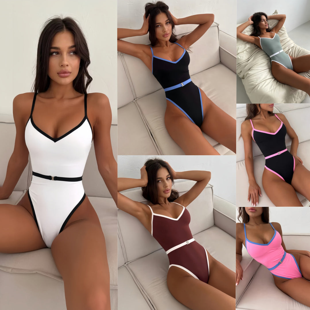 Women's One-Piece Swimsuit with Sporty V-Neck and Fashion Belt Mune Fashion