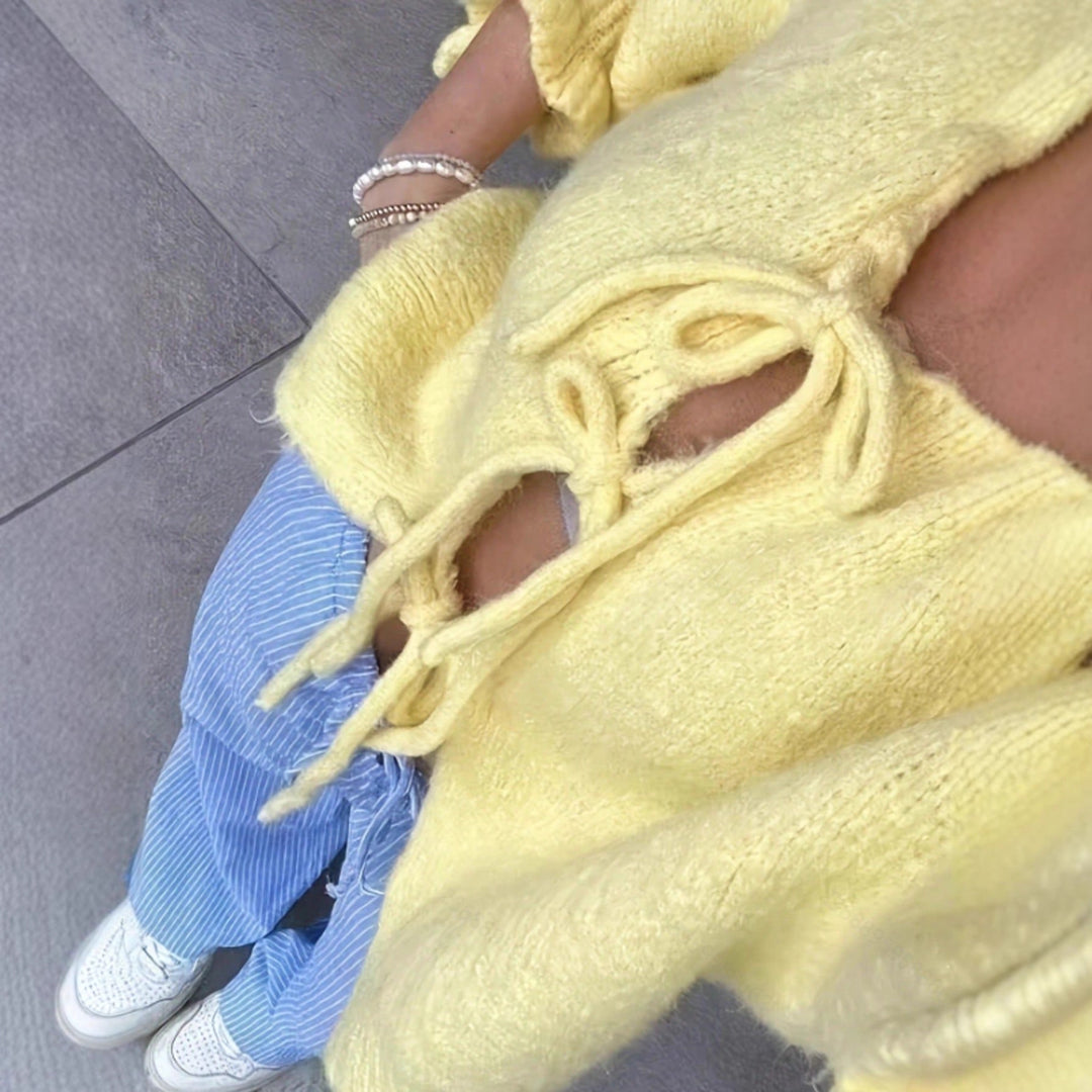 Women's Cozy Short Knit Cardigan with Tie Details, Ruffle Sleeves, and Loose Oversized Cut Mune Fashion