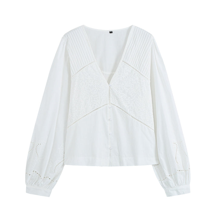 Women's blouse with V-neckline, broderie embroidery, and voluminous puff sleeves Mune Fashion