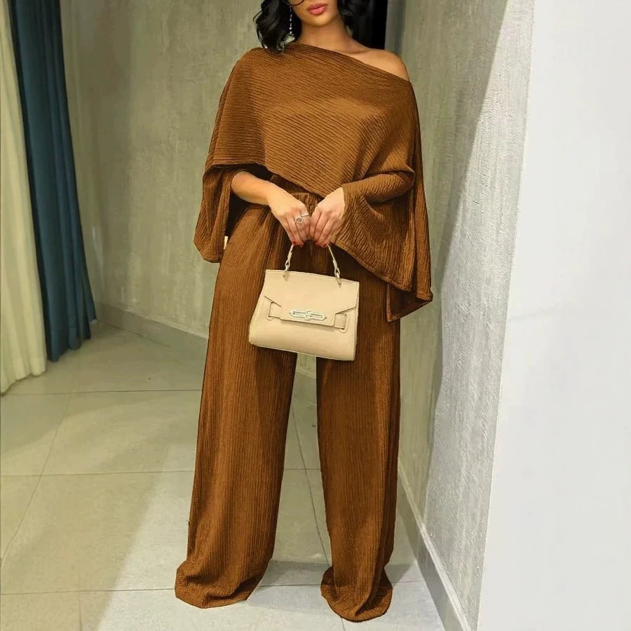 Women's Two-Piece Textured Loungewear Set with Cropped Cape Top and Maxi Skirt with Side Slit Drune