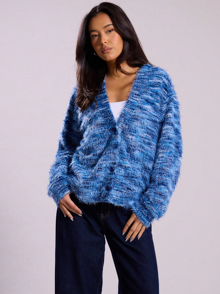 Women's Oversize Fuzzy Sweater with Wide Carmen Neckline and Mélange Knit Structure Mune Fashion