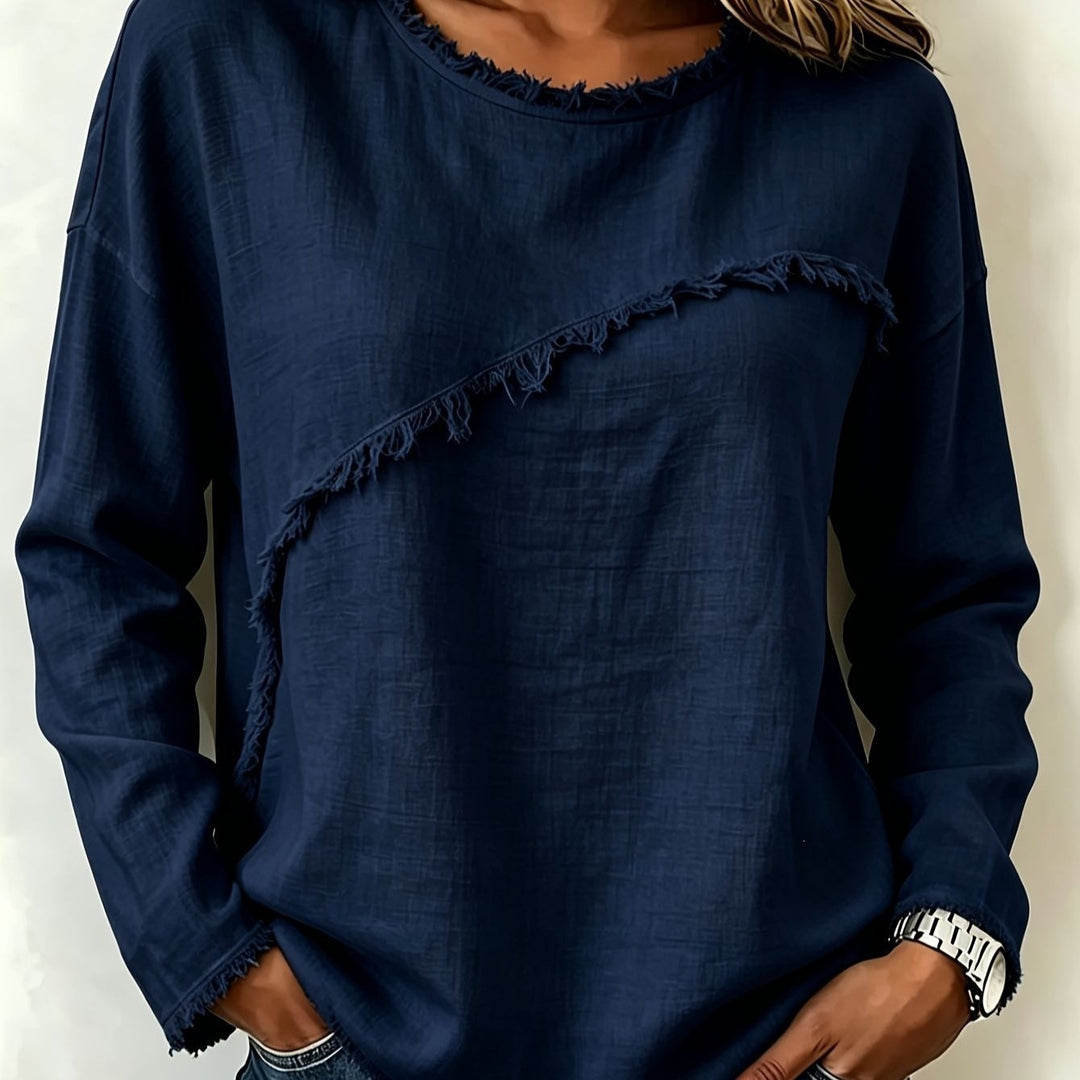 Women Casual Long Sleeve with Diagonal Fringe Application and Frayed Round Neck Mune Fashion