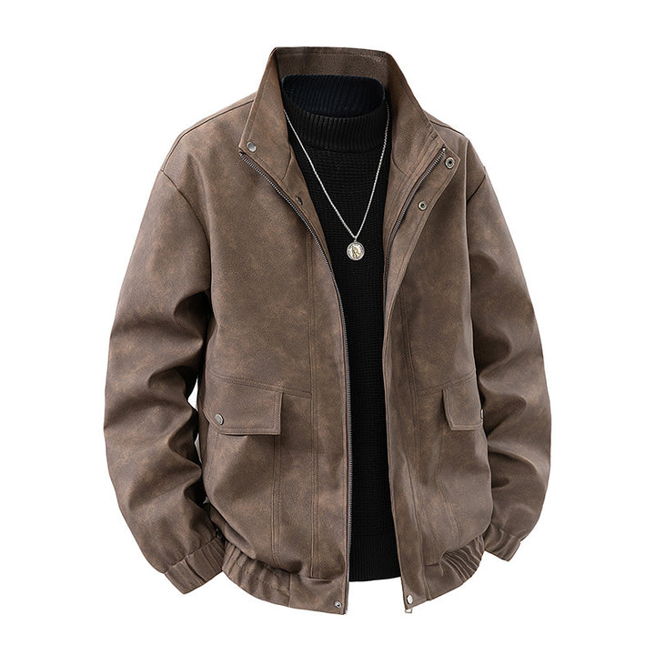 Men's suede leather imitation bomber jacket with stand-up collar and flap pockets Mune Fashion