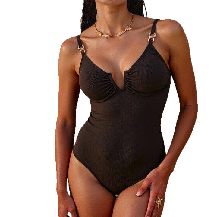 Ladies Elegant Swimsuit with Deep Neckline and Fine Ruffle Detail Mune Fashion