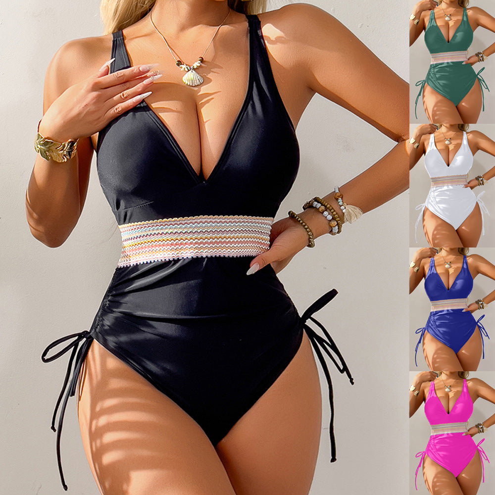 Women's One-Piece Swimsuit with Elegant V-Neck and Adjustable Ruching Element Mune Fashion