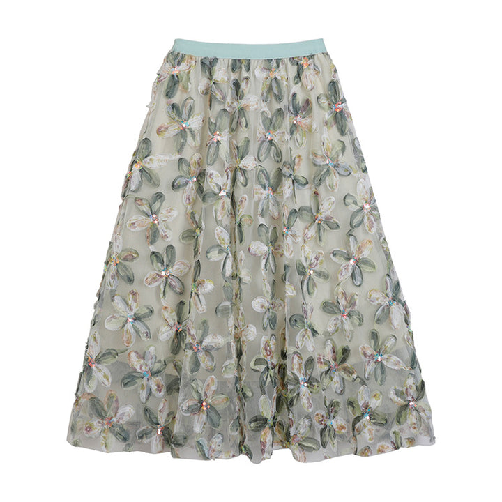 Women's embroidered A-line tulle skirt with 3D floral appliqué and high-waisted elastic waistband Mune Fashion