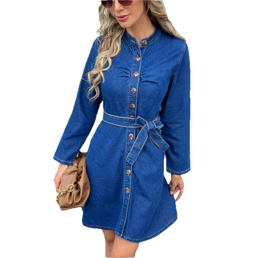 Women's Tailored Denim Dress with Button Placket and Tie Belt Mune Fashion