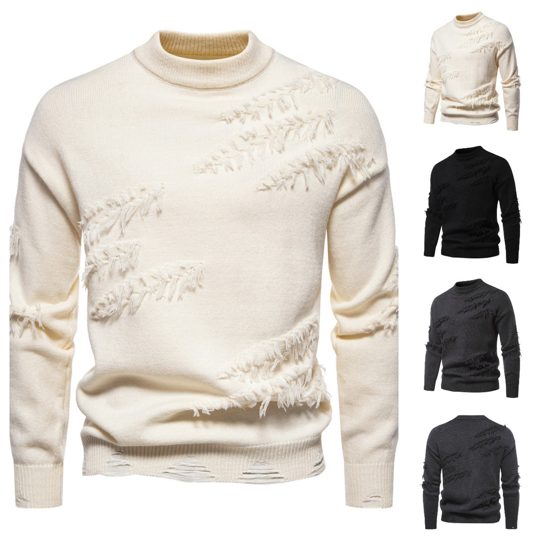 Men's Chunky Knit Sweater with Mock Neck and Frayed Ripped Details Mune Fashion