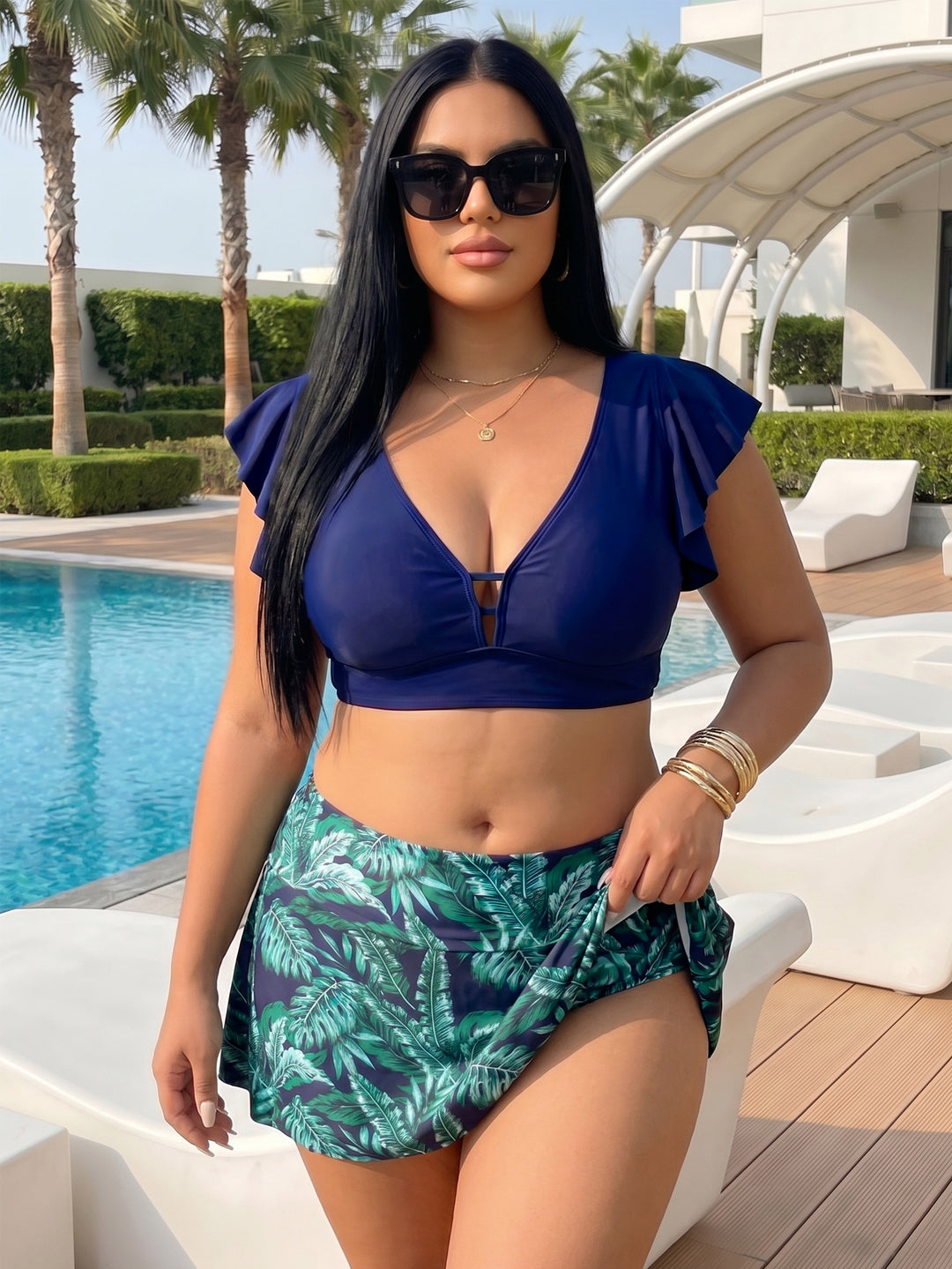 Women's bikini top with elegant wrap detail and floral under skirt Mune Fashion