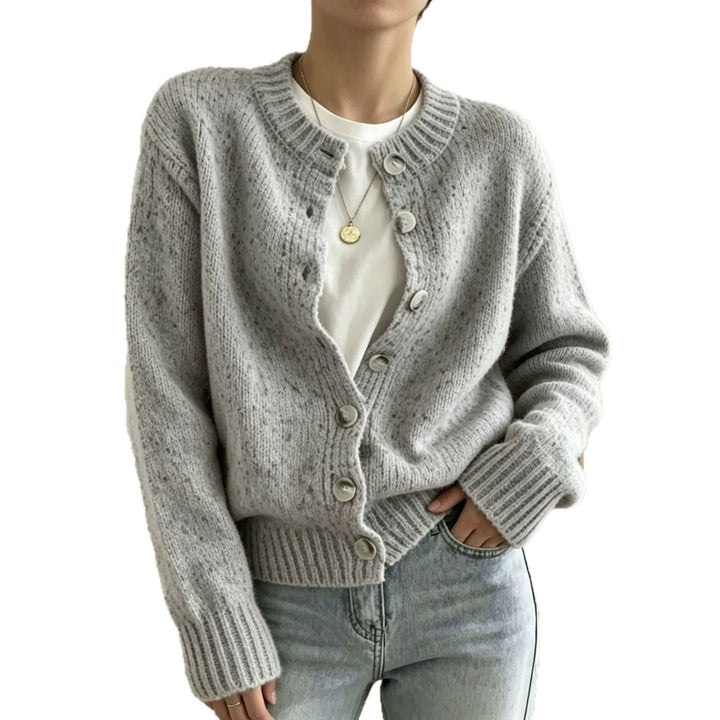 Women's chunky knit short cardigan with round neckline and marled tweed effect Mune Fashion
