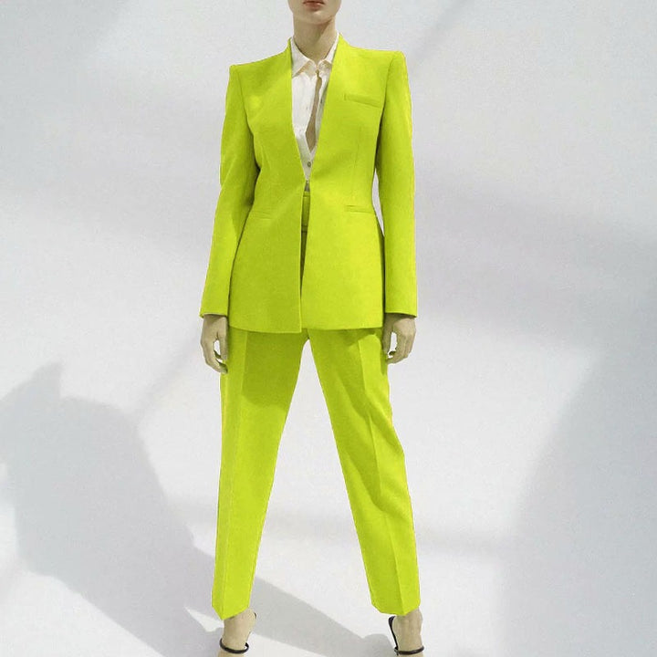 Women Tailored Blazer without Lapels with Open Front and Welt Pockets Mune Fashion