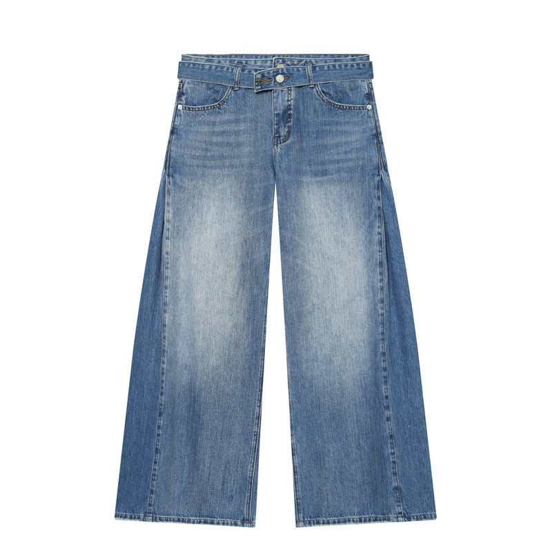 Women Wide Denim Pants with Side Pleat Inserts, High Waist and Waist Belt Mune Fashion