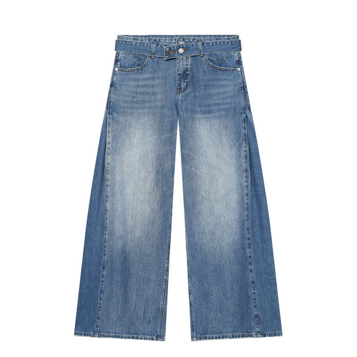 Women Wide Denim Pants with Side Pleat Inserts, High Waist and Waist Belt Mune Fashion