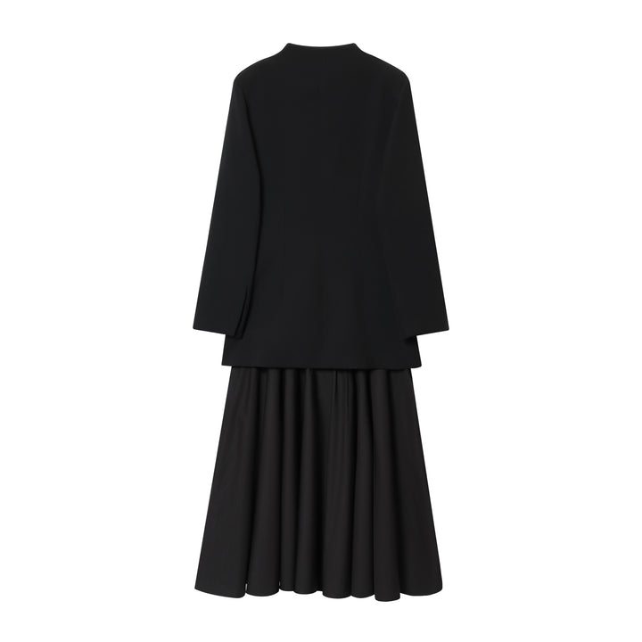 Women's uncollared long blazer with open front, flap pockets, and light stretch Mune Fashion