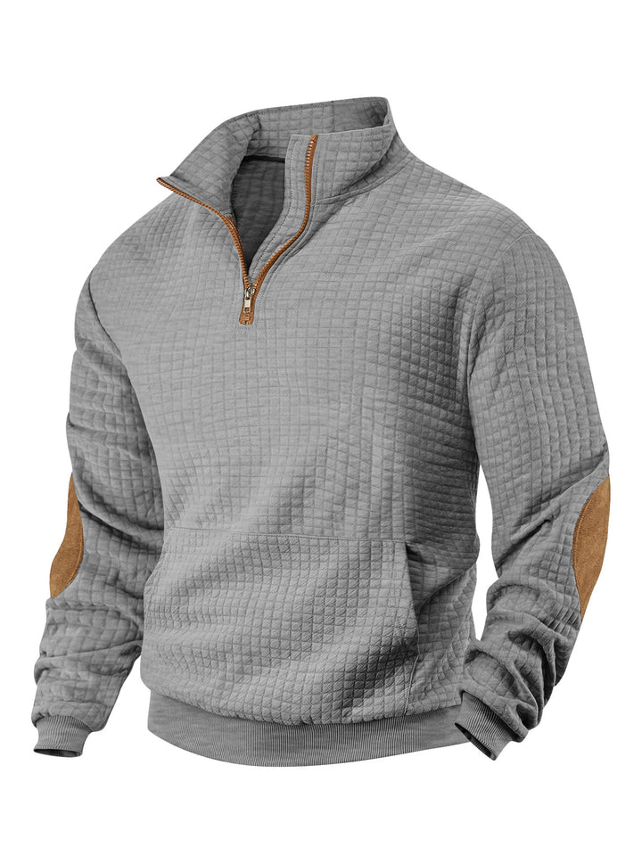 Men's waffle texture half-zip with stand-up collar, kangaroo pocket, and suede look elbow patches Mune Fashion