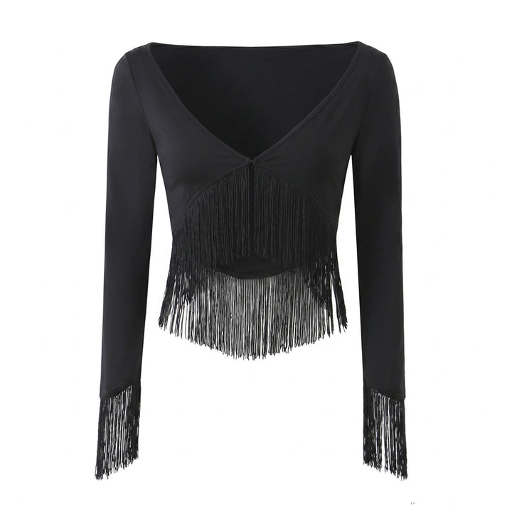 Women Cropped V-Neck Top with Long Sleeves and Decorative Fringe Trim Mune Fashion