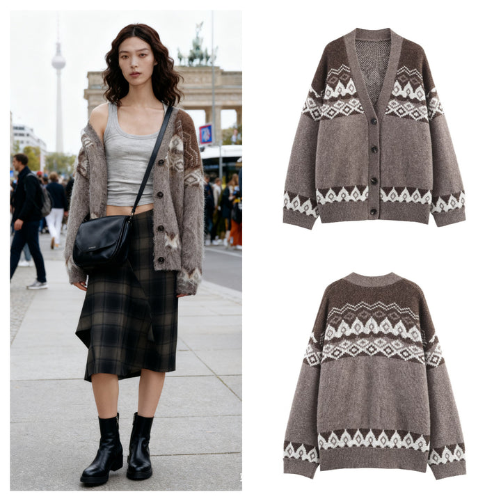 Women's Oversized Knit Cardigan with Jacquard Pattern and V-Neck Mune Fashion