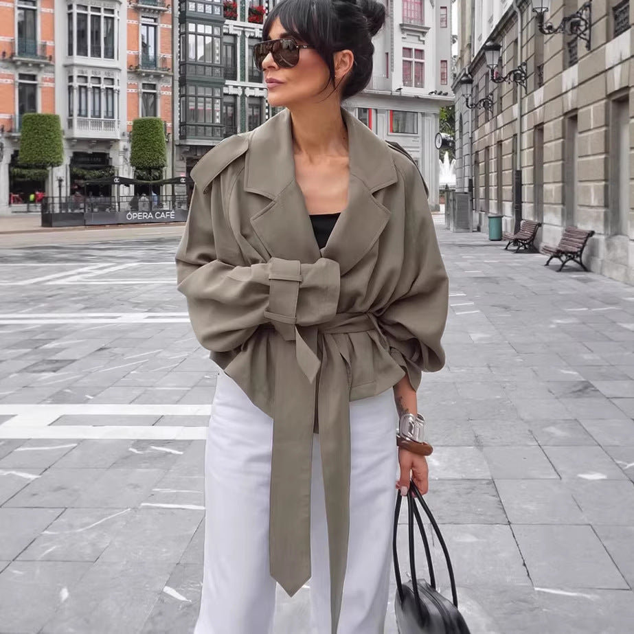 Women Lightweight Short Trench Coat with Wide Lapels, Long Ties and Adjustable Cuffs Mune Fashion