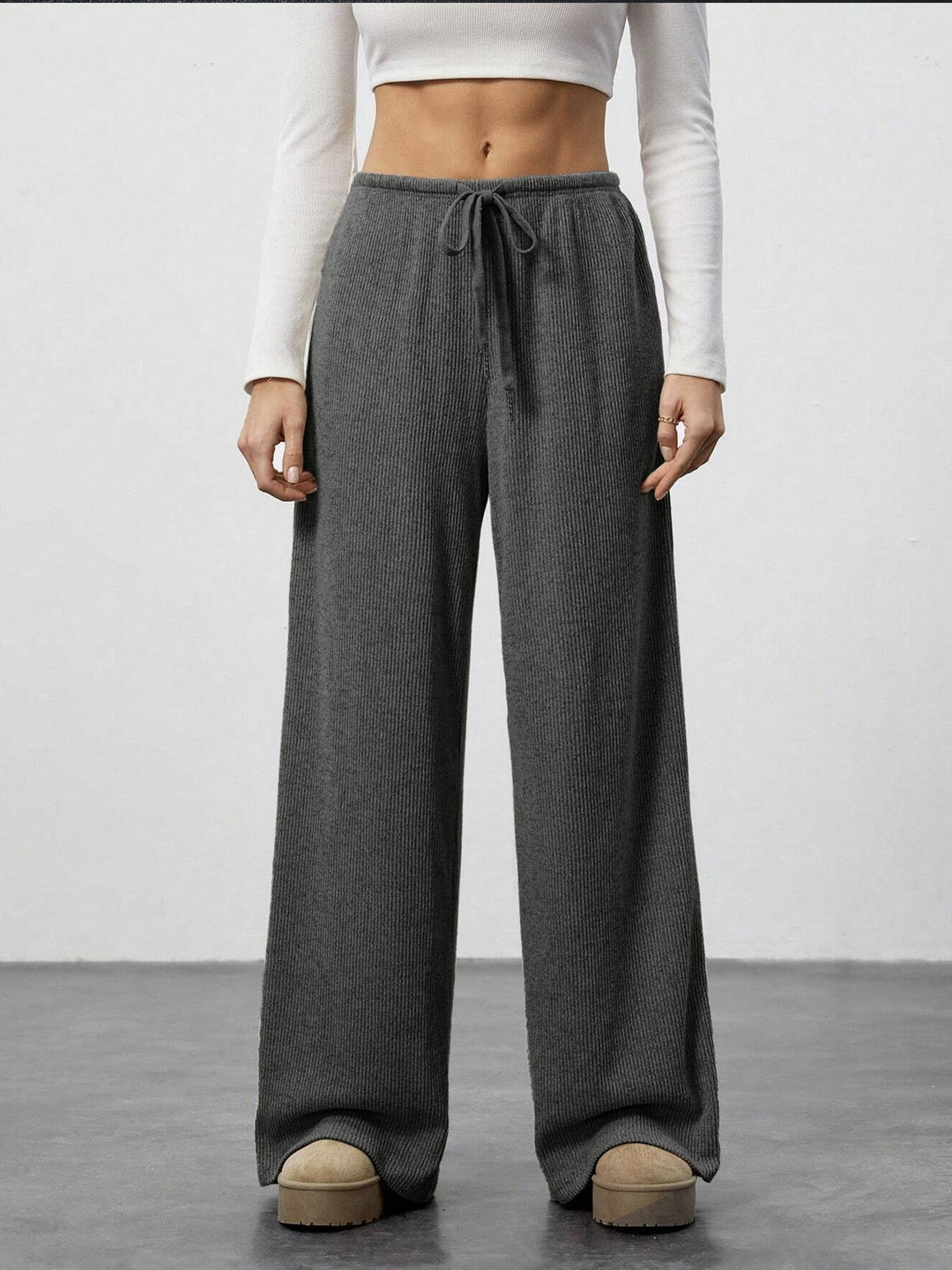 Women's Soft Ribbed Lounge Pants with Wide Leg and Drawstring Mune Fashion