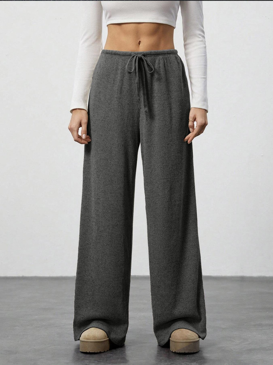 Women's Soft Ribbed Lounge Pants with Wide Leg and Drawstring Mune Fashion