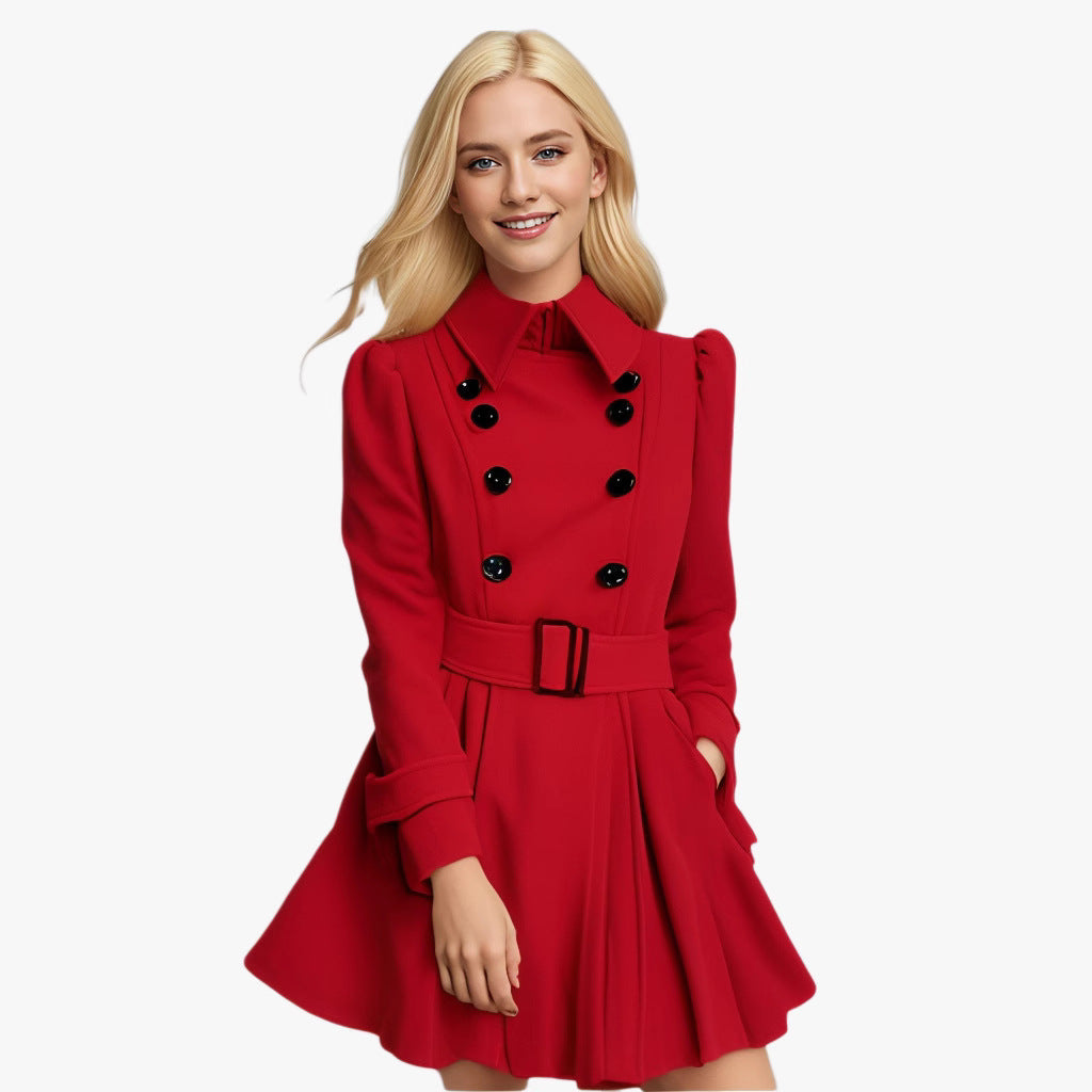 Women's tailored double-breasted coat with flared skirt, tailored belt, and structured shoulders Mune Fashion
