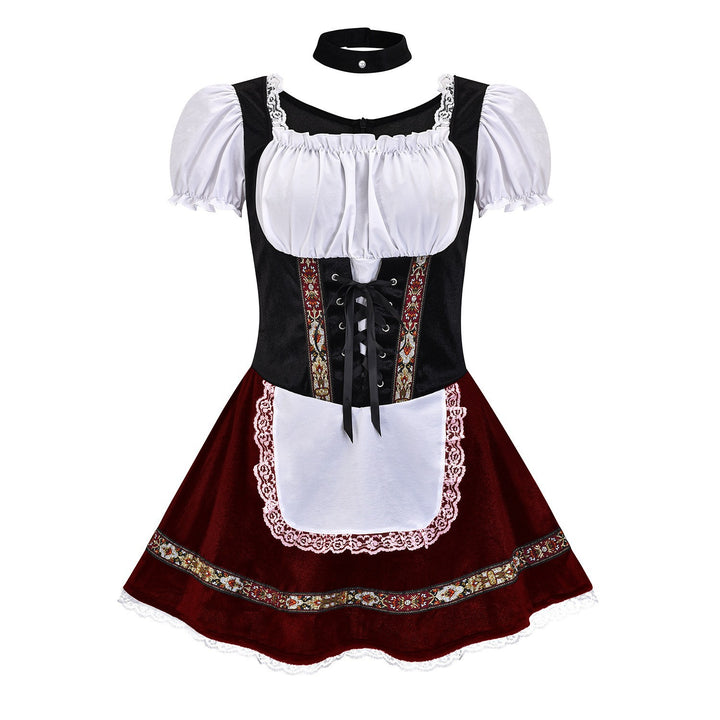 Women's short traditional dress in dirndl style with lacing, off-the-shoulder Carmen neckline, and decorative apron Mune Fashion