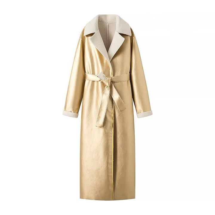 Women's longer vegan coat made of faux leather with teddy lining and tie belt Mune Fashion