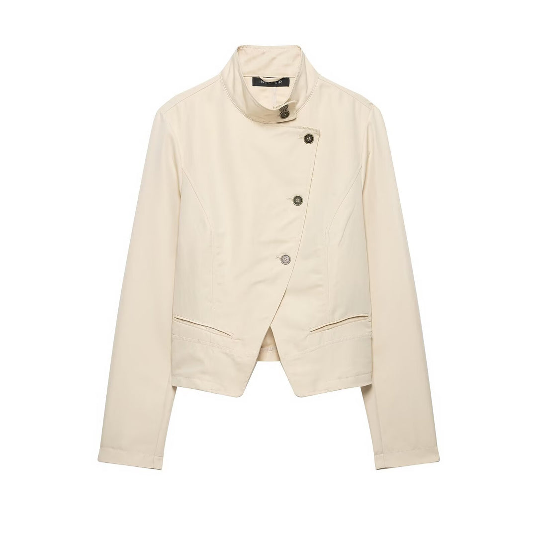 Women's asymmetrical cropped transitional jacket with stand-up collar and tailored fit Mune Fashion