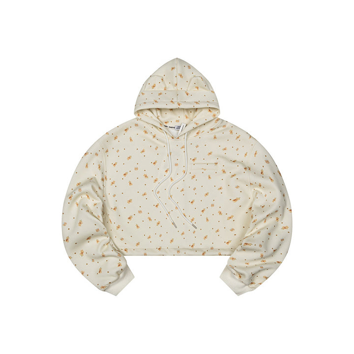 Women's Cropped Hoodie Sweatshirt with Allover Floral Print, Chest Pocket and Ruffled Hem Mune Fashion