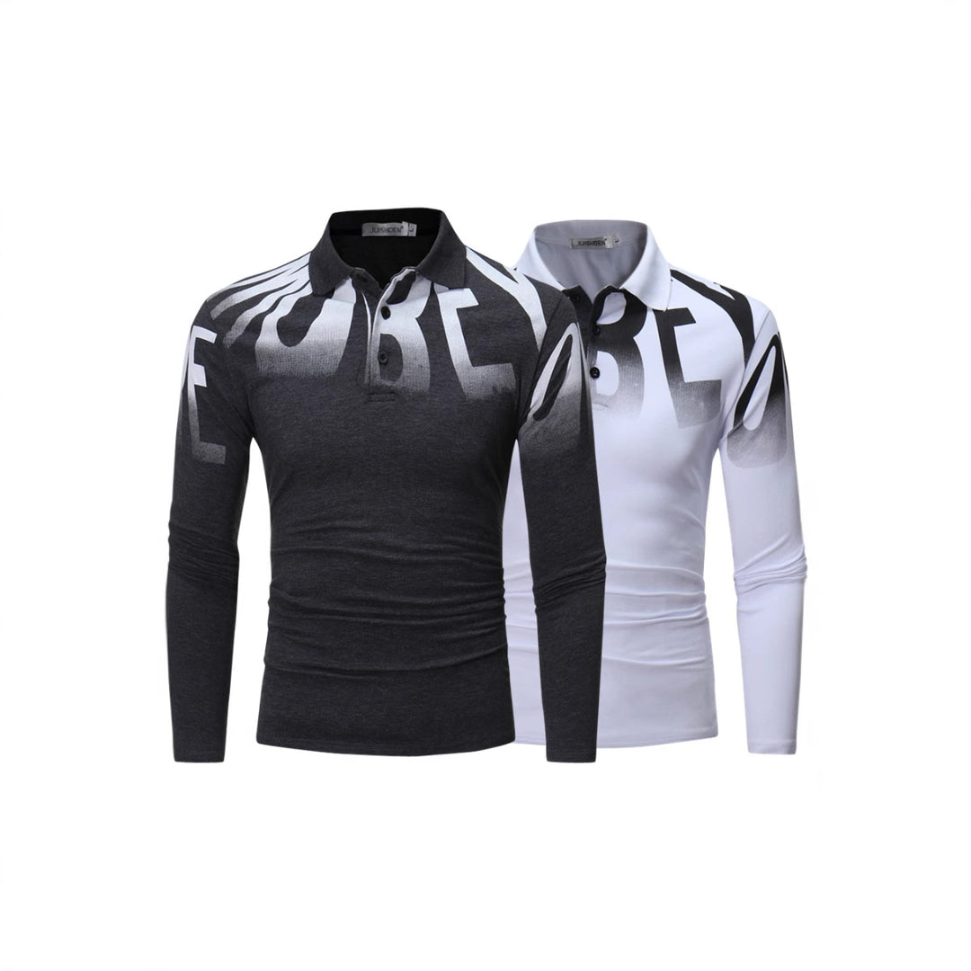 Men's Slim-Fit Long Sleeve Polo Shirt with large typographic print, stretch comfort, and tailored silhouette Mune Fashion