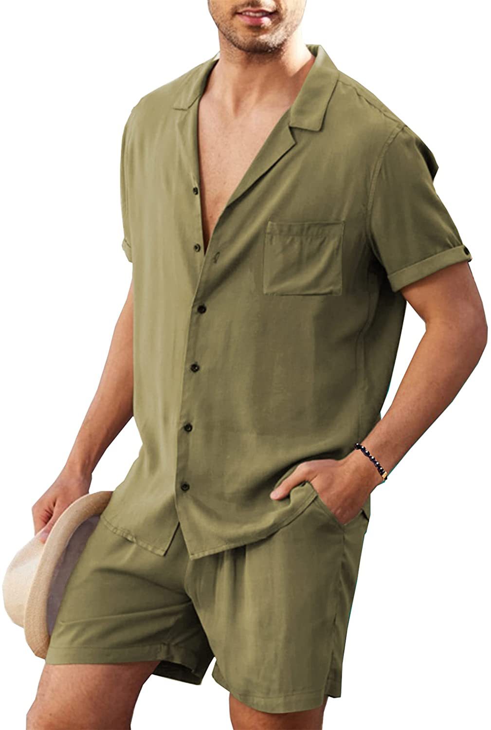 Men's two-piece summer casual ensemble with open collar shirt and elastic shorts Mune Fashion