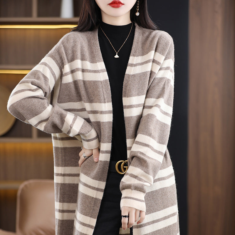 Women Oversize Long Cardigan made of soft wool blend with contrasting block stripes Mune Fashion
