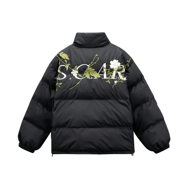 Women's Padded Oversized Quilted Jacket with Stand-up Collar and Floral Embroidery Mune Fashion